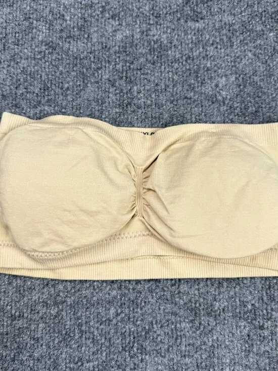 Seamless Bandeau Bra Top Tan Nude Padded Strapless Stretch Ruched Size S/M
