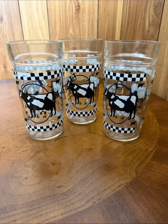 Anchor Hocking Vintage Black and White Holstein Cow 16oz High Glasses (Set of 3