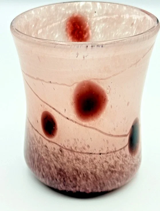 Handblown Studio Art Glass Tumbler Vase Pink Floating Purple Thumbprint Trails