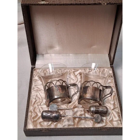 Silverplate Tea Cup Holders & Strainers Set in Box