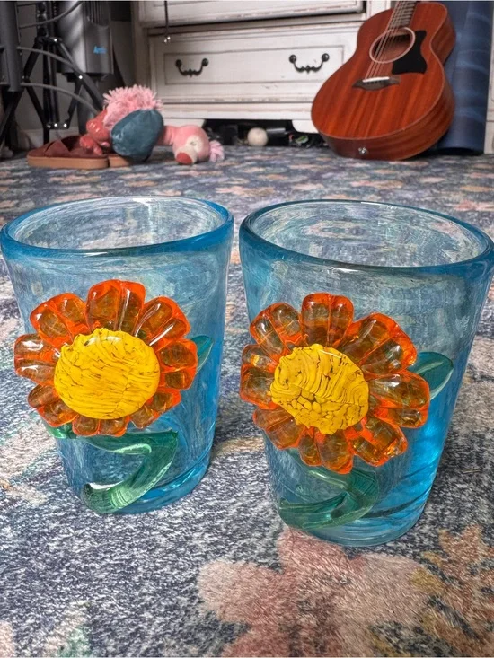 Terrain by Anthropologie Blue Glass Tumblers with Orange & Yellow Sunflower