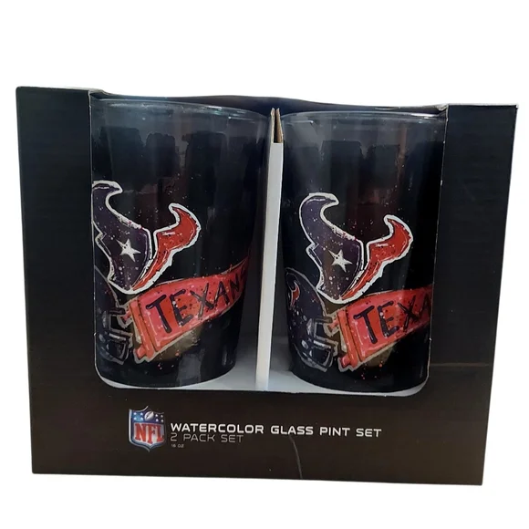 Houston Texans Pint Glass Set of 2 Watercolor Print Logo New NFL