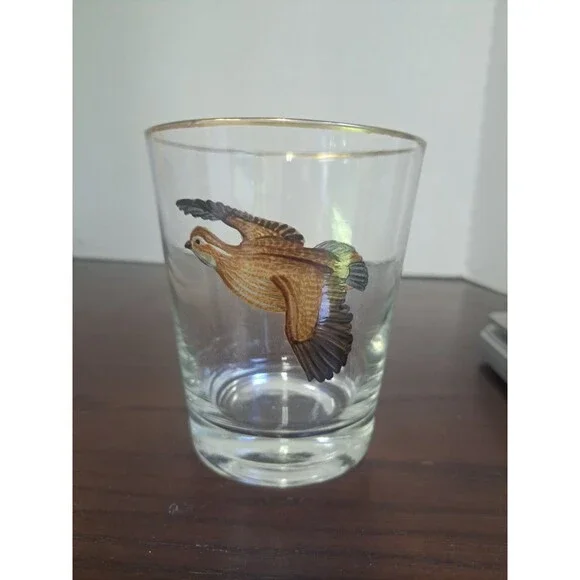 Vintage Highball Tumbler With Painted Quail In Flight And Gold Color Trim On Rim