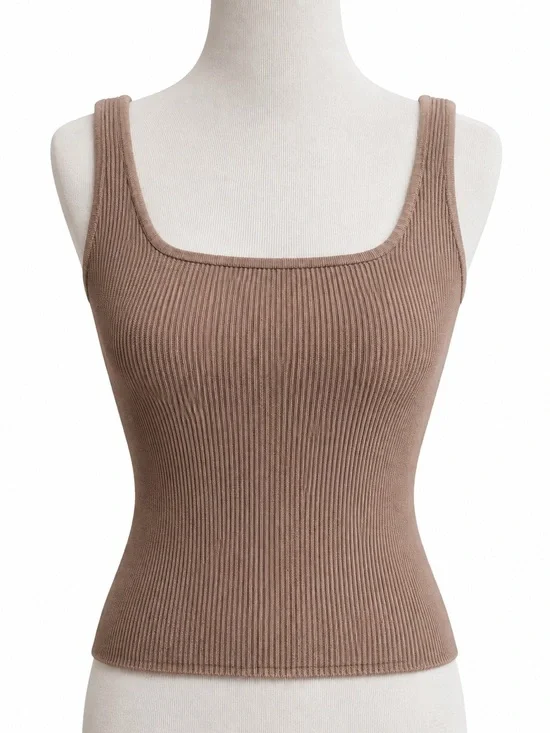Babaton Ribbed Square-Neck Tank Top - Brown Large