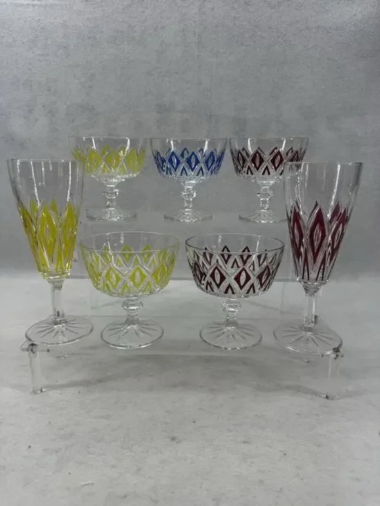 Vintage VMC Reims French Harlequin Crystal Stem Wine Glasses Set of 7 Colors MCM