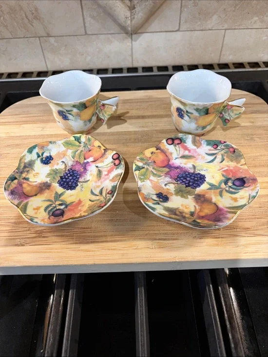 Formalities by Baum Brothers Butterfly Handles Fruit Espresso Cup & Saucer Set 2