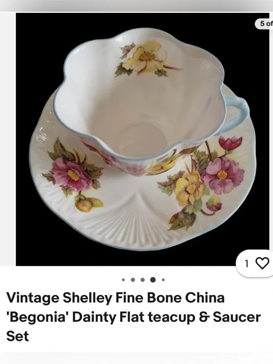 Floral Porcelain Teacup and Saucer in White with Blue Trim