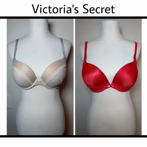 Victoria’s Secret 2 Pc Bra Lot 34D Beige & Red