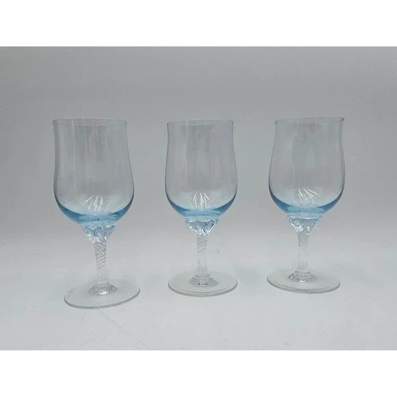 3 set Vintage Blue Tinted Wine Glasses  Twisted Spiral Stem‎ Tulip Water Goblets