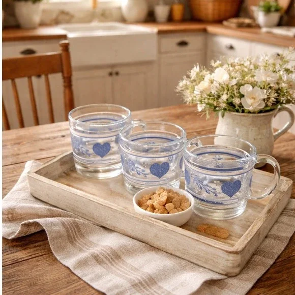 Vintage French Glass‎ Heart Mugs Set of 3 Blue White Stripe Clear