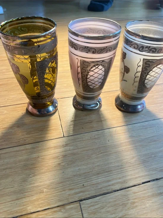 Vintage Decorative Tea Glass Set - Pink, Cream & Amber made with in Morocco