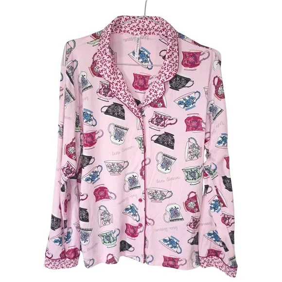 Flora Nikrooz Pink Tea Time Teacup Print Pajama Top Long‎ Sleeve Button Down M
