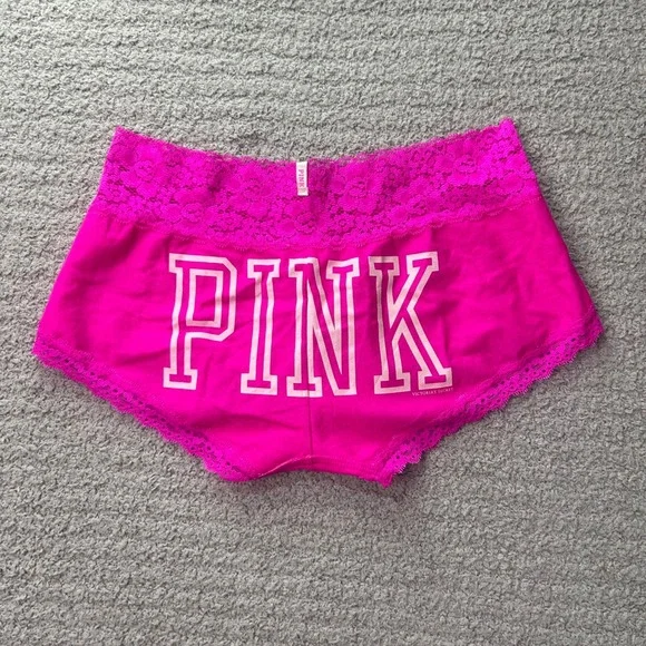Victoria's Secret PINK Boy Short Lace Trim Pink Medium Y2K Barbiecore Logo Panty