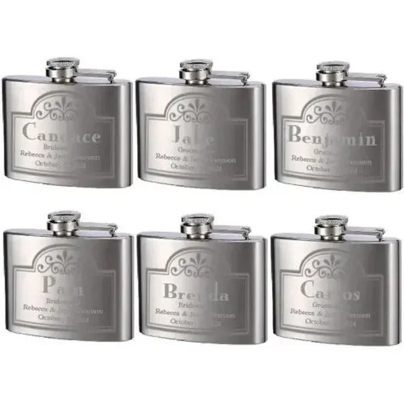 6 Custom Engraved Wedding Flasks Personalized Bridesmaid Groomsmen Gift Set 4oz