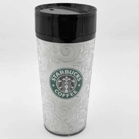 Starbucks Travel Tumbler 16oz White Black Textured‎ Scroll Vintage