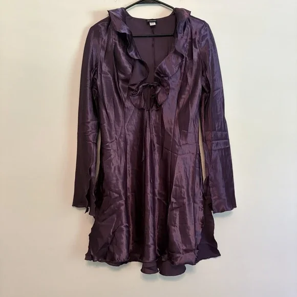 Fredericks Of Hollywood Plum Medium Nightgown Long Sleeve Ruffle Slit V Neck Tie