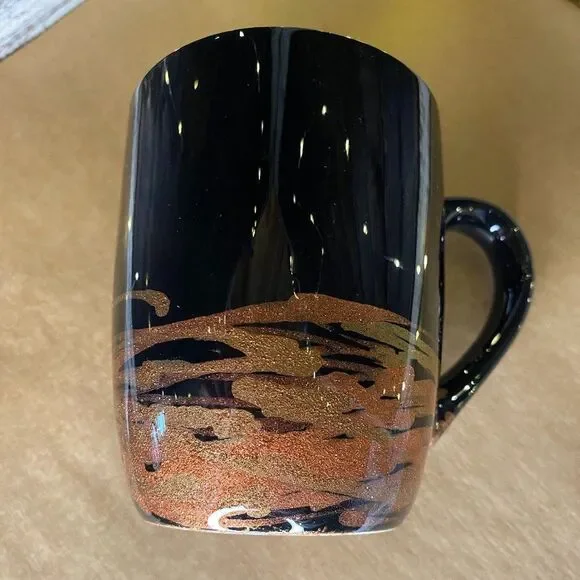 Coffee Tea Cup Mug Handmade Black With Copper & Gold Abstract Painted 4X3.25in