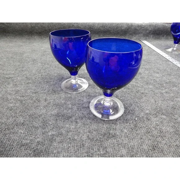 Cobalt Blue Glass Wine Goblets Clear Stem Set of 2 Mid Century Modern