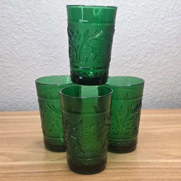 4 Vtg Anchor Hocking Forest Green Sandwich Glass Flat Juice Tumblers 3.5
