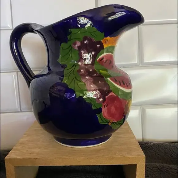 Vintage Tonala Blue Red Pitcher hand-painted fruit made in Mexico Marked