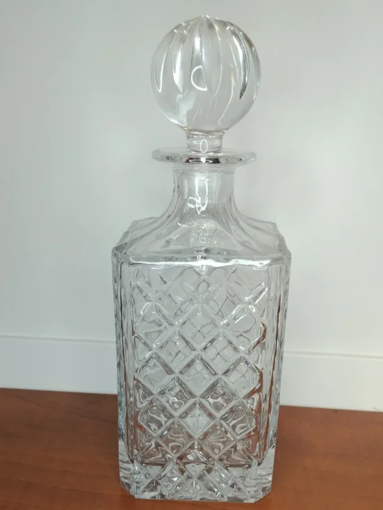 Vintage Glass Cut-Pattern Square Decanter with Stopper - 10x3