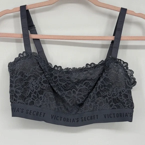 Victorias Secret Logo Band Lace Bralette Dark Grey‎ Floral Scalloped Large L/G