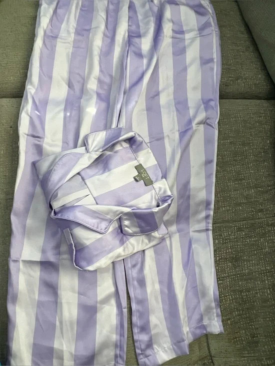 LOFT Satin Notch Collar Purple Striped Pajama Set k31