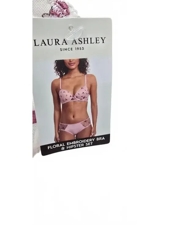 Laura Ashley Floral Embroidery Bra & Hipster Set 36C Large Pink