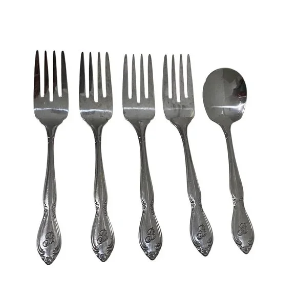 Vintage Monogram B Stainless Steel‎ Taiwan 5 Pieces Salad Forks Sugar Spoon