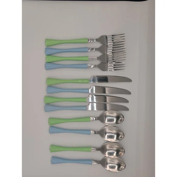 12pc Stainless Steel Flatware Set Mint Green Sky Blue Forks Knives Spoons