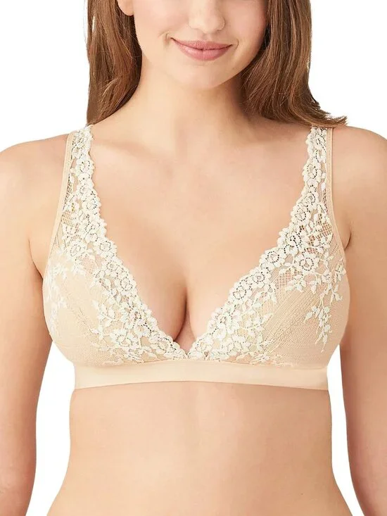 Wacoal Embrace Soft Lace Wireless Bra Beige Size 36 US Delicate Floral Lace Desi