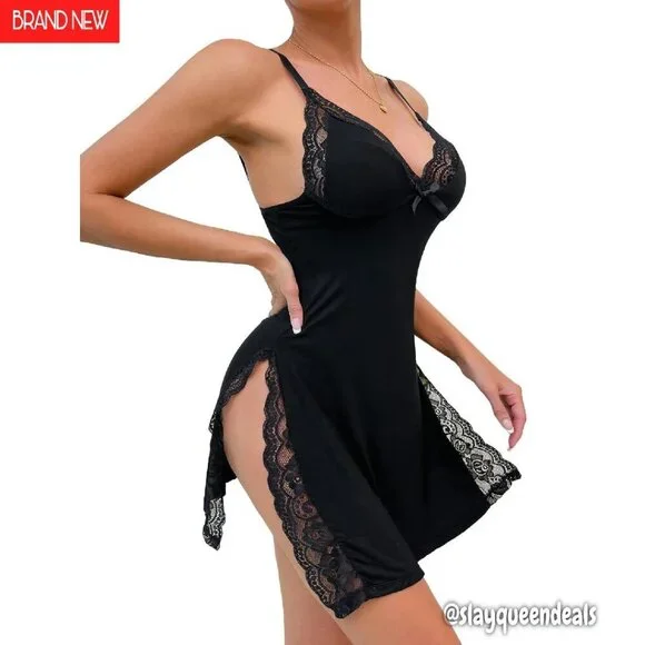 Floral Lace Trim Babydoll Nightgown with Thong 2 Piece Set