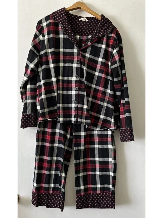 Vera Bradley Pajamas Women XL Black Plaid Button Down Sleepwear Set Loungewear