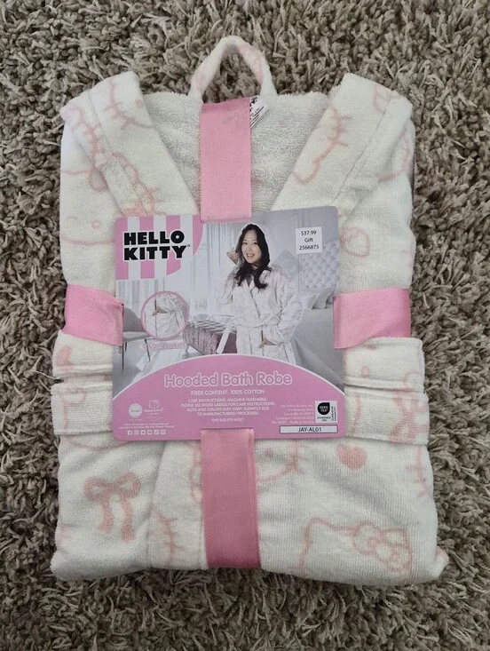 Hooded Bath Robe Hello Kitty NEW OSFM Lounge Spa Cotton Terry Towel Kawaii Plush