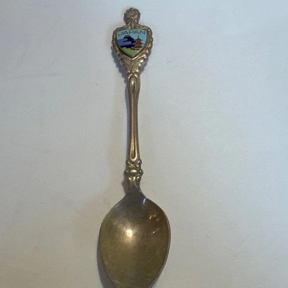 Vintage Japan Souvenir Spoon Nickel Silver Cloisonne Enamel Mt Fuji Pagoda 4.25
