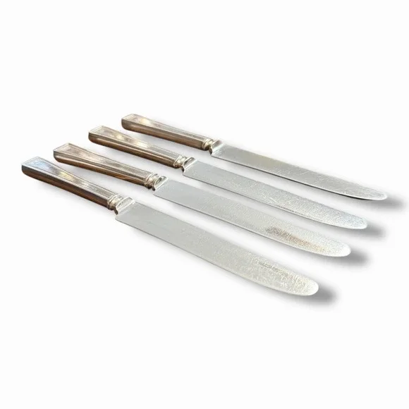 Vintage Art Deco Silver Tone Dinner Knives Beaded Border Set of 4 9.75 Inch