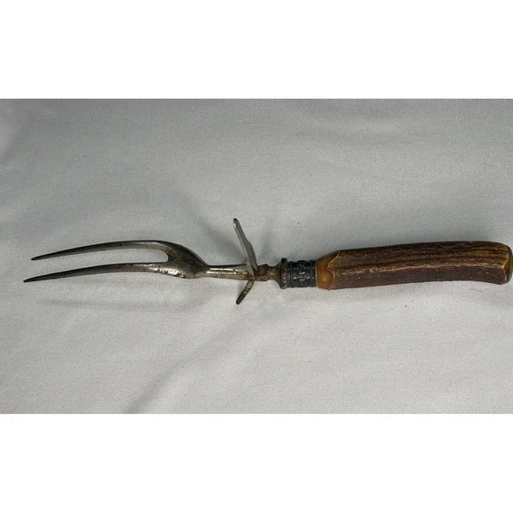 Antique Deer Antler Handle Meat Fork w Streling Rib w Locking Standing Arm