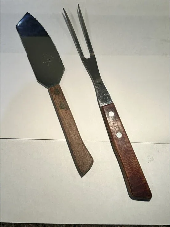 VTG Stainless Steel Japan Cake Pie Server & Carving Meat Fork Set Wood Handle