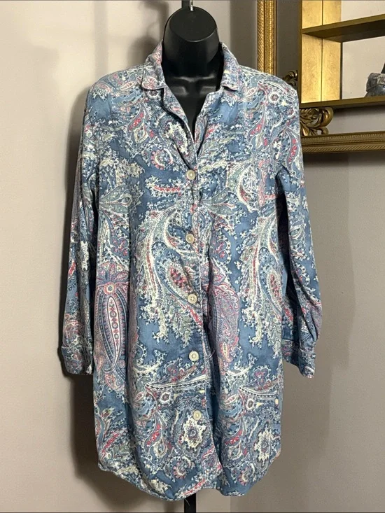 Lauren Ralph Lauren Medium Blue Paisley Button Up Tunic Shirt Top or Nightgown