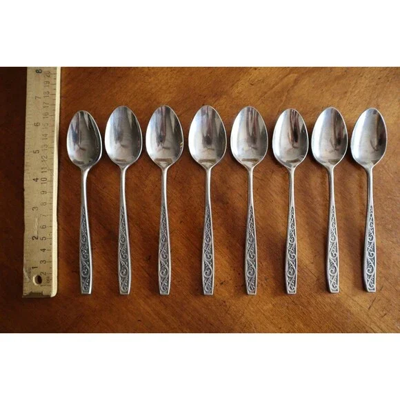 Lot 8x Imperial International IIC DAVOS Stainless Black Floral Teaspoon 6.4