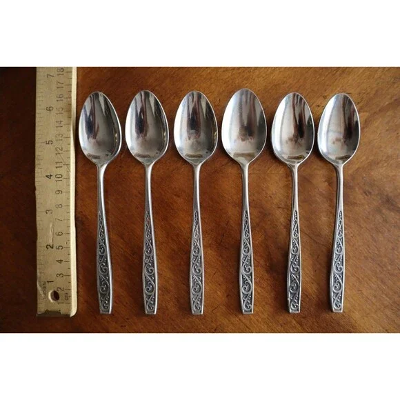 Lot 6x Imperial International IIC DAVOS Stainless Black Floral Teaspoon 6.4