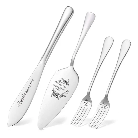 Wedding Cake Knife‎ and Server Set Silver Stainless Steel 4pc Mr and Mrs Forks