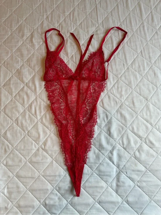 Victoria's Secret Red Lace Sheer Plunge Teddy