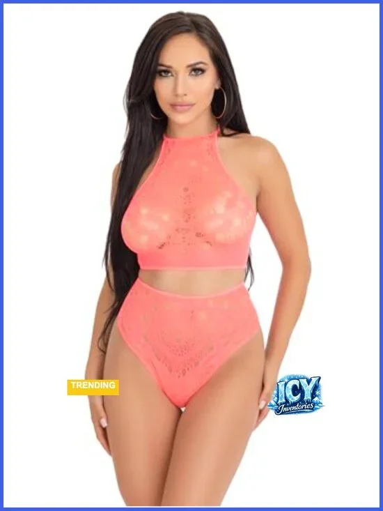 Crochet Lace Halter Crop Top & High Waist Thong Lingerie Set