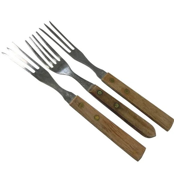 Stainless Steel Brown‎ Wood Handle Forks Set of 3 Riveted Mid-Century Modern MCM
