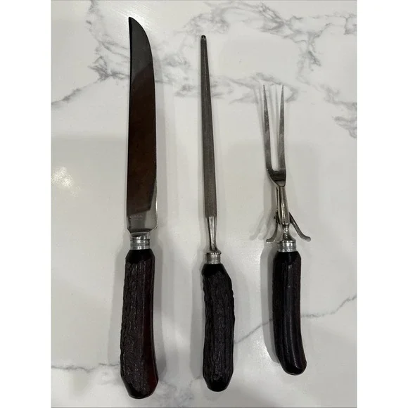 Vtg Russell Carving Set Stag Antler Horn Handle Stainless Knife Sharpener Fork