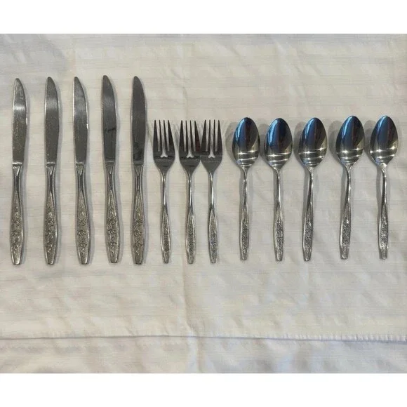 Ekco Eterna Rose Cotillion Stainless Flatware Knife Fork Spoon 13 Pieces Vintage