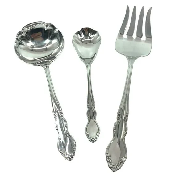 Oneida‎ DOVER Heirloom Stainless Hostess Set of 3 Fork Gravy Ladle Sugar Spoon
