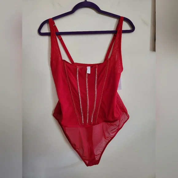 Auden Plus Size Bodysuit Red With Rhinestones XXL NWT
