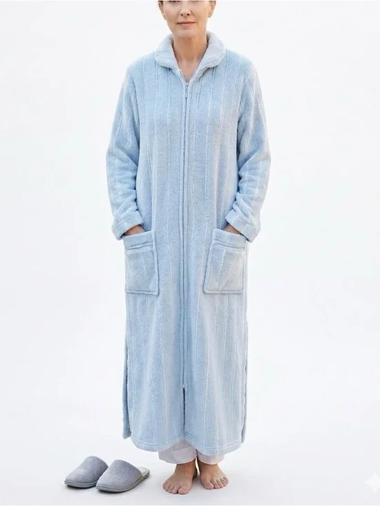 😴Adonna Cozy Full-Length Zip Robe Coat in Light Blue Size Large